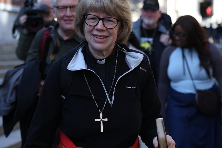 The Most Revd and Rt Hon Dame Sarah Mullally DBE, Archbishop of Canterbury, her husband Eamonn Mullally, The Revd Richard Braddy, Chaplain to the Bishop of Dover and Torin Brown, Canterbury Cathedral Pilgrim Officer set off from St Paul's Cathedral after attending a Service for the Pilgrimage of the Archbishop of Canterbury from London to Canterbury. Tuesday 17th March 2026. Photo: Neil Turner for Lambeth Palace