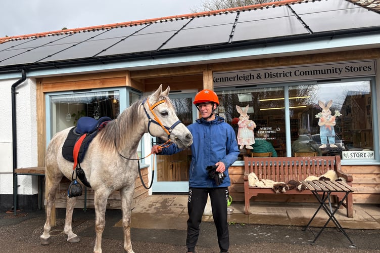 Endurance jockey Jules Johansson rode Sam along country lanes to enjoy a toastie at Kennerleigh Community Shop.
