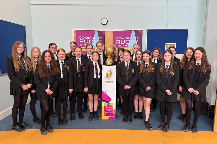Some of the Chulmleigh College students who were treated to a visit by the Women’s Rugby World Cup Trophy.  AQ 7360
