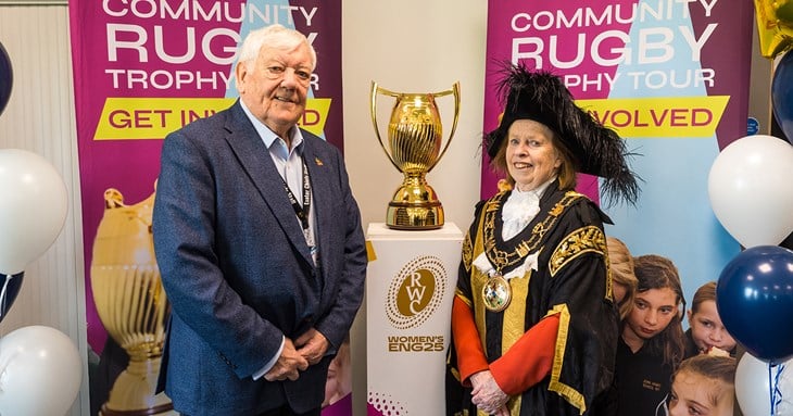 Tony Rowe and Lord Mayor of Exeter, Cllr Jobson with the Women’s Rugby World Cup.