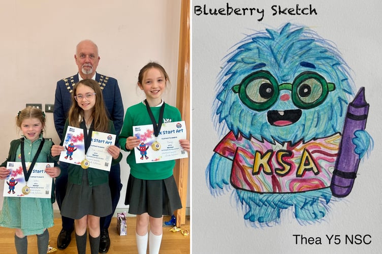 Crediton Mayor, Steve Huxtable, with the overall winner Thea and the runners-up and right, Thea’s Monster artwork entitled Blueberry Sketch.
