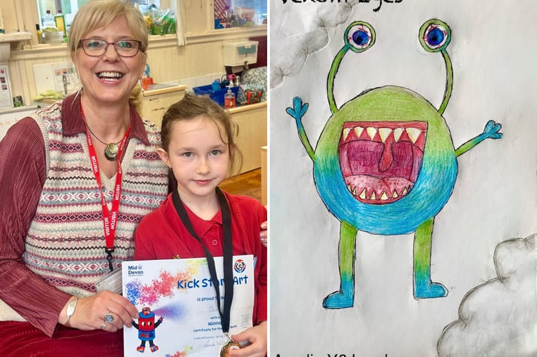 Linda Williamson, who leads Kick Start Art, with a young winner and Venom Eyes by Y6 Landscore pupil Amelia.
