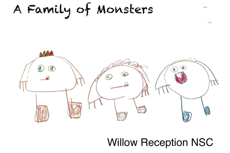 A family of monsters by Newton St Cyres Primary School Reception.
