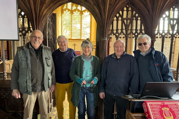 Guest speakers at Coldridge Carved in Time event, Hugh Harrison and Jo Cox, second and third left, with Church representatives.  AQ 6577
