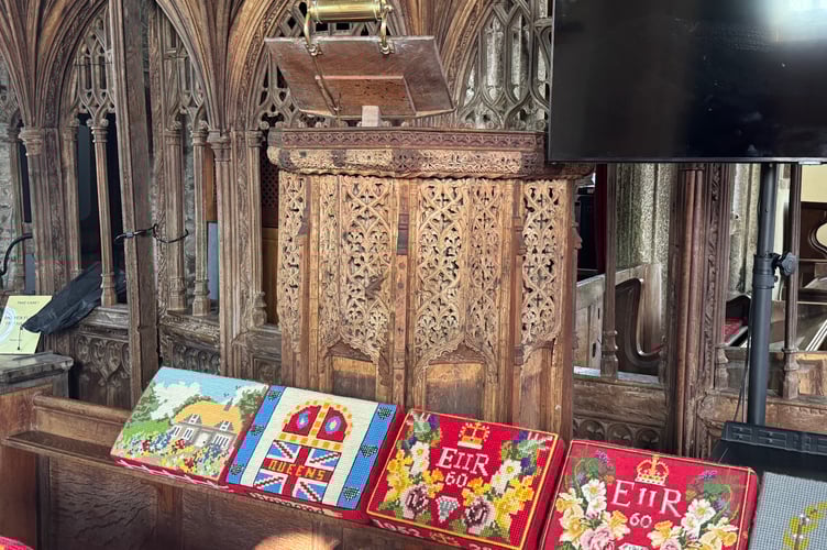 The wooden pulpit in front of the 16th century rood screen at Coldridge.  AQ 6539
