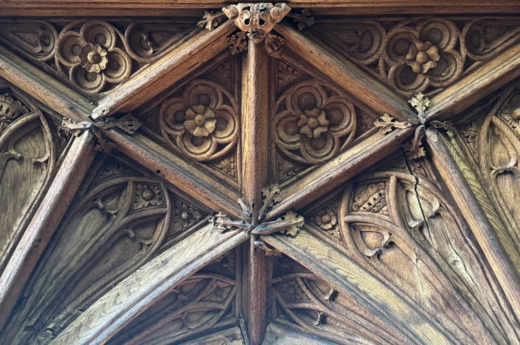 Detail on the 16th century rood screen at Coldridge Parish Church.  AQ 6547
