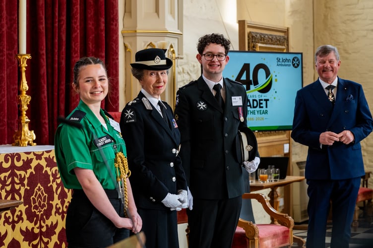 Left to right: 2026 National Cadet of the Year, Emily England; HRH The Princess Royal; 2025 National Cadet of the Year, Dylan Hurst; St John Ambulance Chairman and Prior, Rear Admiral Simon Williams, CB CVO KStJ.