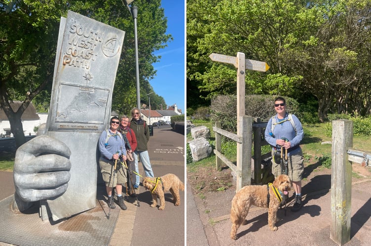 Corrinne, with her dog, with friends Jane Welsh and Tracey Lindley, who walked the opening miles with her after she started her 630-mile South West Coast Path memorial walk.
