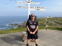 Charity hiker walking length of Britain came through Crediton today
