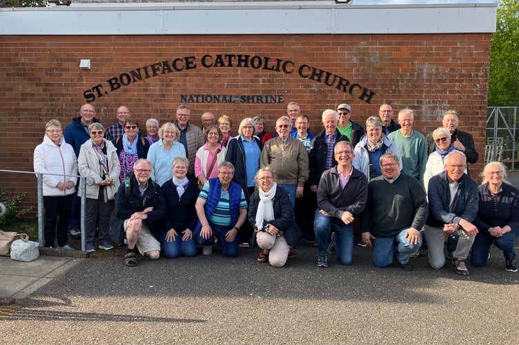 The German pilgrims outside the National Shrine to St Boniface, Crediton’s Roman Catholic Church.
