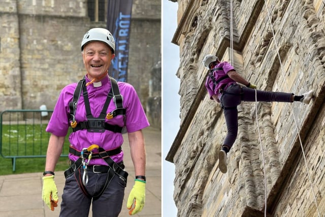 Bishop abseils down Exeter Cathedral