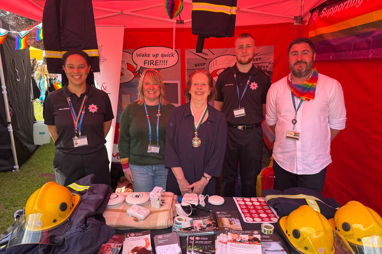 Devon and Somerset Fire and Rescue Service staff with the Lord Mayor of Exeter, Cllr Anne Jobson at Exeter Pride.  AQ 0267
