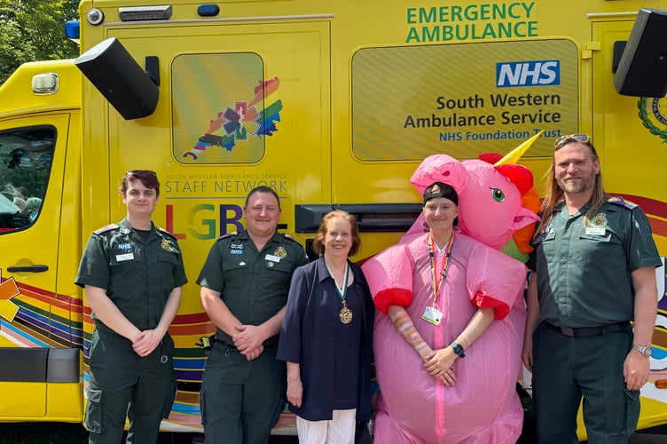 Ambulance staff with the Lord Mayor of Exeter, Cllr Anne Jobson at Exeter Pride.  AQ 0262