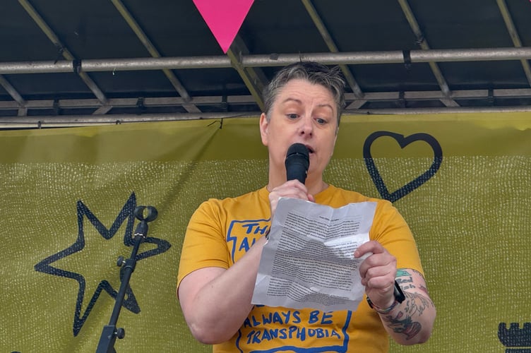 Councillor Zoe Hughes during their speech on the main stage at Exeter Pride.  AQ 0200
