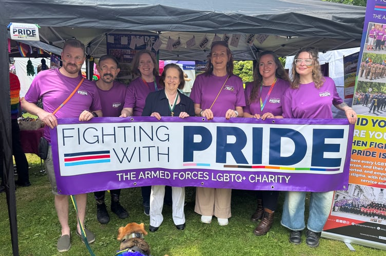 Fighting with Pride had a stall, pictured with the Lord Mayor of Exeter, Cllr Anne Jobson.  AQ 0276
