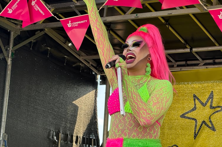 Drag performer Cleotoris on the main stage at Exeter Pride.  AQ 0390