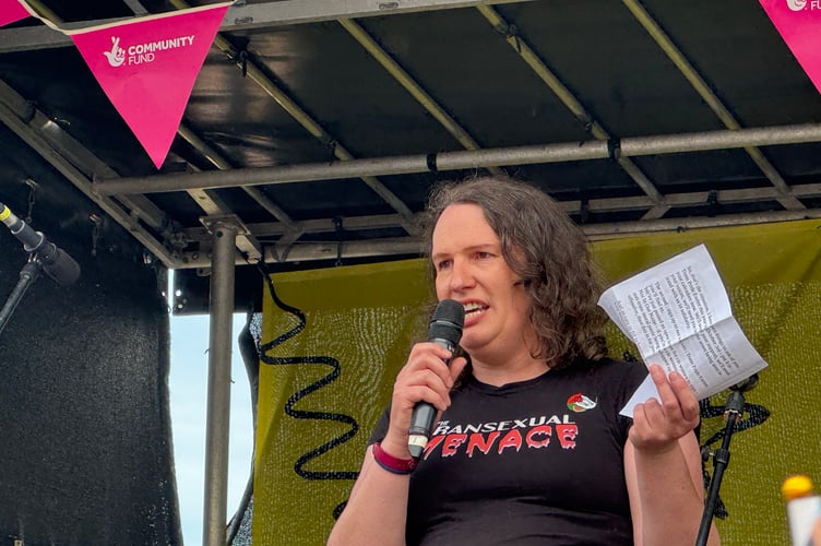 Melissa Brooks from Trans Pride Exeter during their speech on the main stage.  AQ 0198
