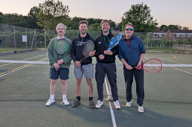 Crediton Tennis Men's B team after their match, left to right, Adam Haslewood, Richard Wilk, Andy Botterill and Guy Ainsley.