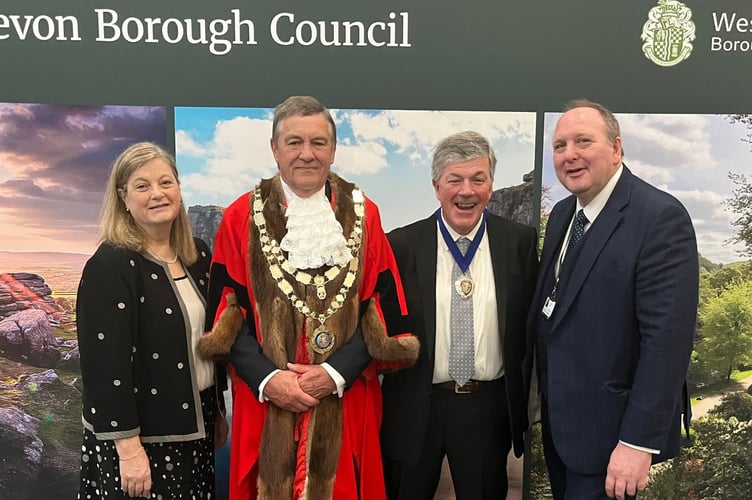 From left, Cllr Mandy Ewings, leader of West Devon Borough Council, new mayor Cllr Chris Edmonds, deputy mayor Cllr Alastair Cunningham and deputy leader Cllr Mark Renders