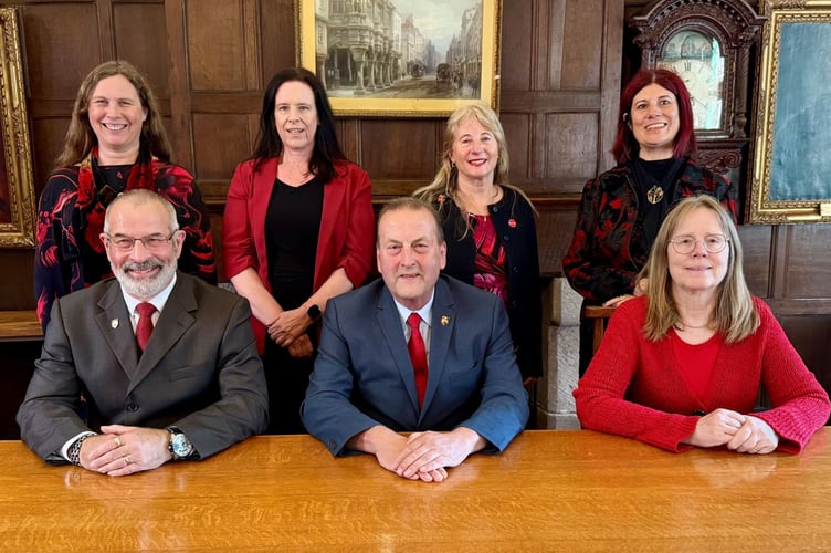 Exeter's new Labour executive. Rear from left, Cllr Liz Pole, Cllr Susannah Patrick, Cllr Yvonne Atkinson, Cllr Lucy Findlay. Front from left, Cllr Duncan Wood, Cllr Phil Bialyk, Cllr Ruth Williams