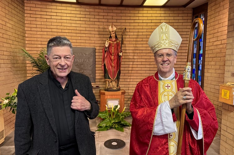 Father Michael Wheaton and Bishop Nicholas Hudson in front of the Shrine to St Boniface. AQ 1541