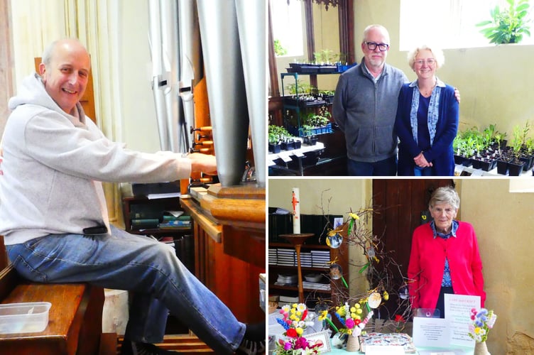 Clockwise from left, Dave Simms in the organ loft, Andrew and Hazel Norton selling plants for church funds, Mary Nunn from Care and Craft Group with their arrangement 'Cats, the Musical'