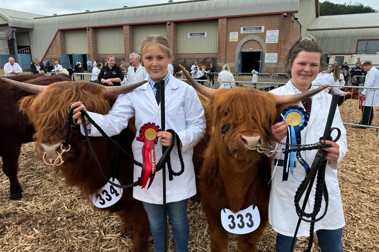 Milly Bradley, right, from Witheridge, received a first prize at the Devon County Show with Flossie from her Thelbridge Hall Ford Pedigree Highland Cattle, assisted by Rhianydd Carmarthenshire, right, with Ernie, who came second.  AQ 1115
