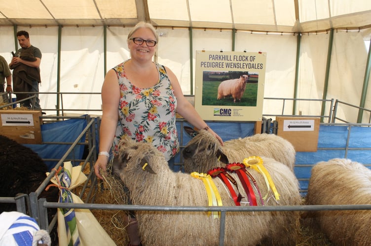 Cathy Webb of Parkhill Flock of Pedigree Wensleydale sheep, near Crediton, owned by Mr and Mrs Robert Webb, won a second, third and two fourth prizes at the Devon County Show. AQ 1363