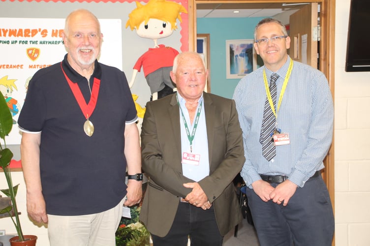 During a recent school visit, from left, County Councillor for Crediton, Cllr Jim Cairney, Crediton Mayor Cllr Steve Huxtable and Andy Smith, Hayward’s Headteacher.