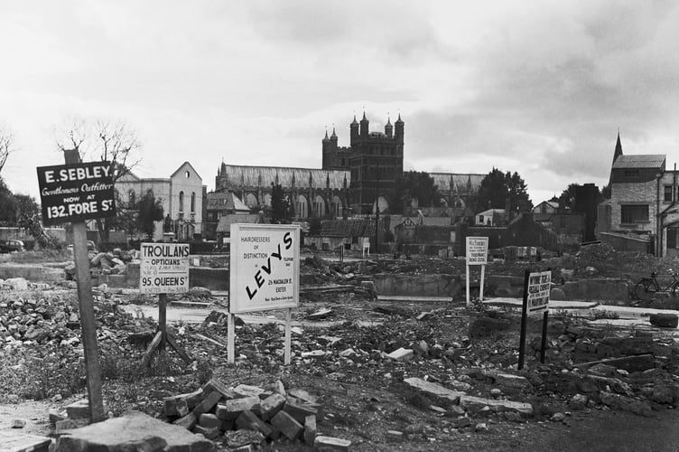 Exeter city centre in 1943 after bombing