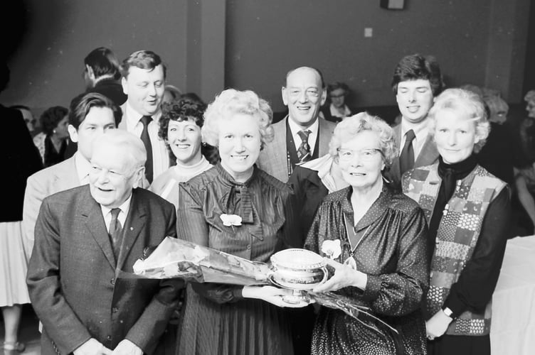 At Crediton Town Council end-of-term reception chairman Cllr Mary Blamey presented retiring clerk Margaret Parr with a silver rose bowl in April 1981. DSC00013