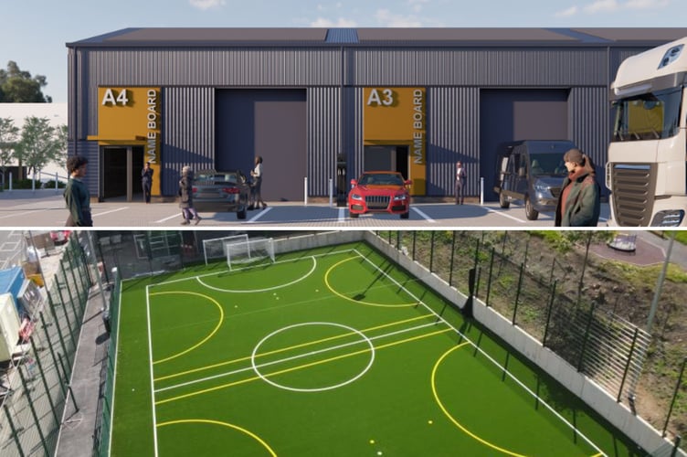 Top: An image of the planned Hatchmoor business units. Bottom: An example of the playzone planned for Holsworthy