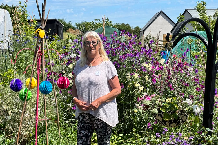 Rita Myers in her colourful and production allotment. AQ 2292