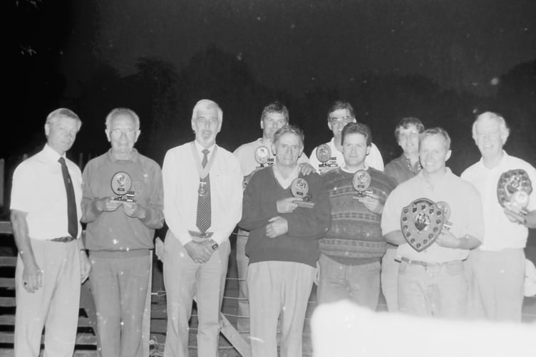 Crediton Rotary Club Industrial Bowls final, right the winners Town Barton, Sandford and runners-up Lamb Inn in August 1996. DSC00111