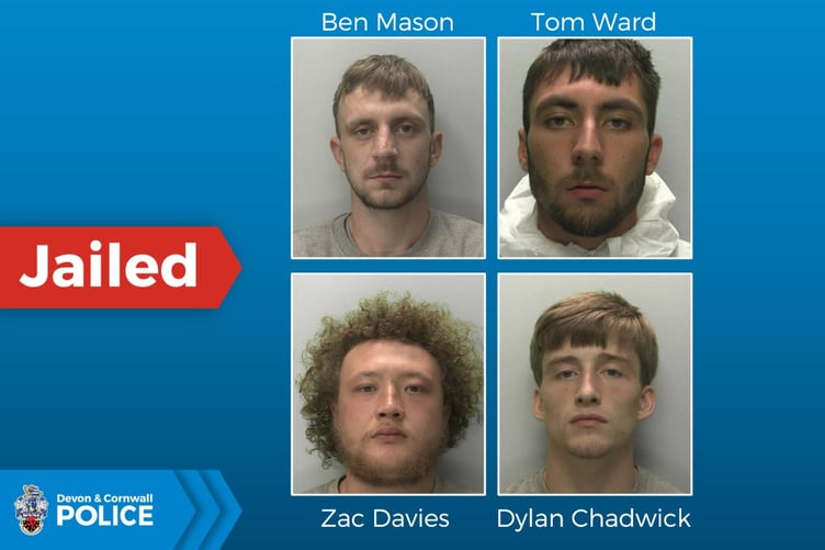 The four who have been jailed for involvement in the killing of a man in Exmouth, top, Ben Mason and Tom Ward and bottom, Zac Davies and Dylan Chadwick.