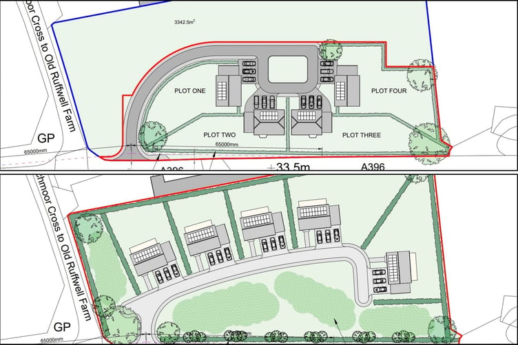 The previous refused layout, above, and the proposed new layout, below