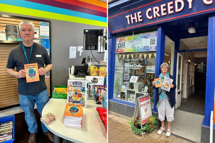 The Mid Devon Monster Book is available from Crediton Library, left or Karen Gutans Art, right.