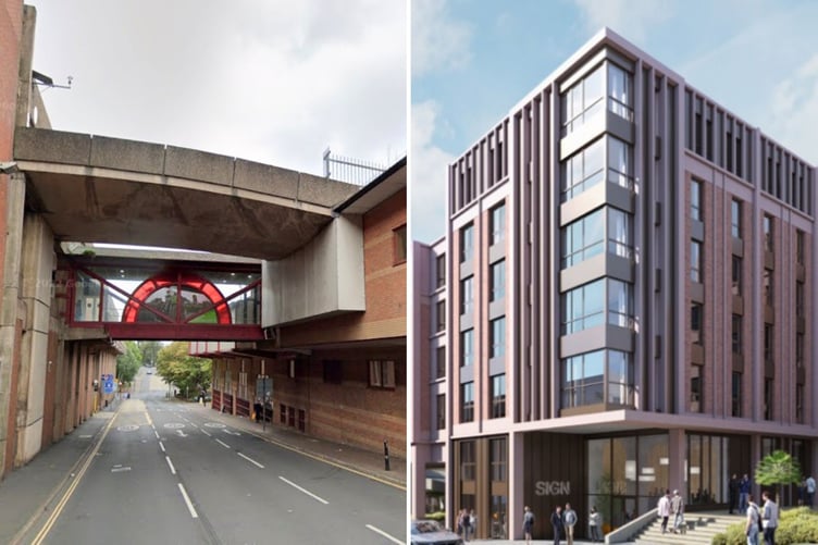 The Harlequin Centre in Exeter with its distinctive bridge, left, and the planned replacement