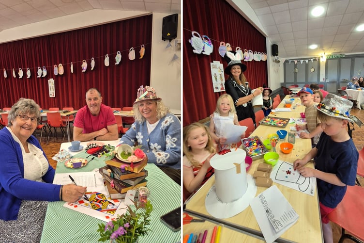 Taking part in a challenge at the party and right, children enjoying craft activities.