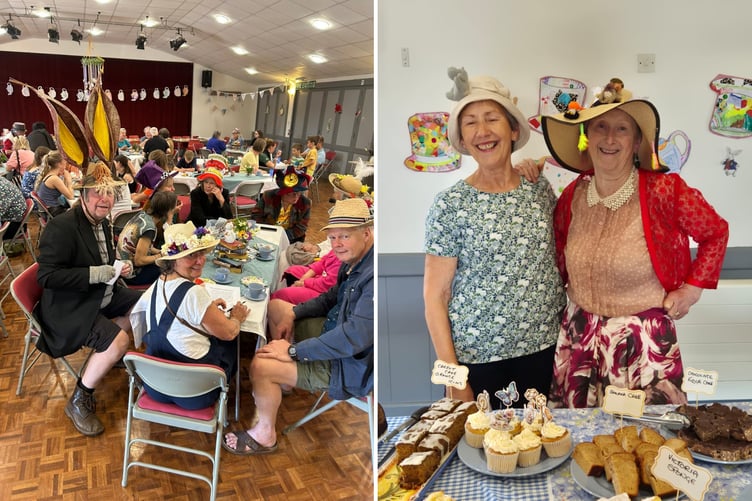 Enjoying the tea and right, two in their hats at the party.