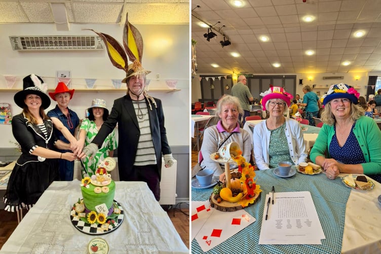The four main staff at Sandford Stores cut the cake and right, three of those who attended the tea party.