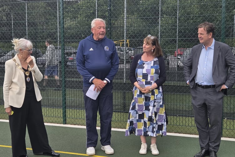 Mel Stride, right, with, from left, Bovey Tracey Mayor Sheila Brooke and Chris and Tina from Bovey Tracey Cricket Club and Tennis Club.