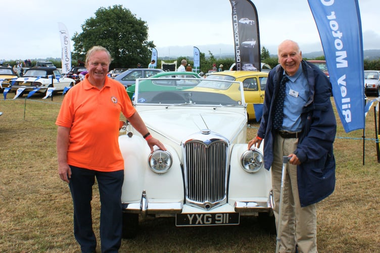 Mike Overfield Collins of Crediton, left, with his 1950 Riley RMC Roadster and Victor Riley, the grandson of the founder of the Riley Motor Company