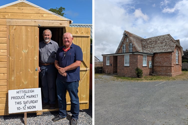 Will Fisher, Hittisleigh Village Hall committee chairman and Cllr Jim Cairney with the new shed and Hittisleigh Village Hall.