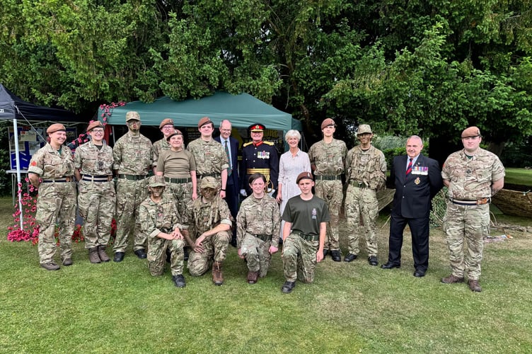 Deputy Lord Lieutenant of Devon, Major General Bill O’Leary and Henry and Susan Parker with Crediton Army Cadets.  AQ 3571
