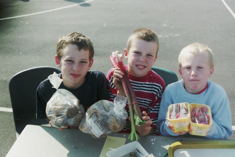 Potatoes, rhubard and strawberries were for sale at Copplestone School fete in July 1998. DSC00048