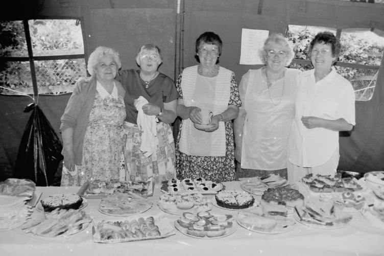 Ladies doing a busy trade on the refreshment stall at Coldridge Fete in July 1998. DSC00081