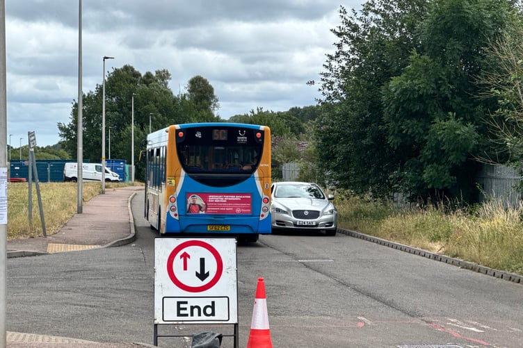 Buses, cars and lorries are using Station Approach and Joseph Locke Way which is easing Crediton traffic issues. AQ 4454
