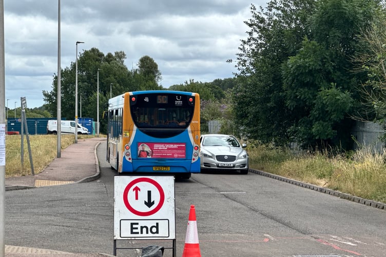Buses, cars and lorries are using Station Approach and Joseph Locke Way which is easing Crediton traffic issues. AQ 4454