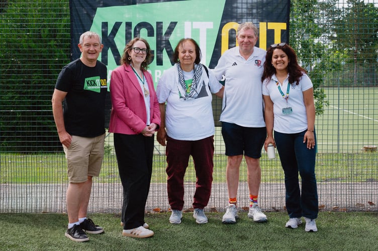 Proud Grecians volunteer Alan Quick; The Lord Mayor of Exeter, Cllr Gemma Rolstone; event organiser Suaad Genem-George; Peter Ferlie, Chair of Exeter City Supporters’ Trust and Shraddha Chaudhary, Assistant Director Wellbeing, Inclusion and Culture (University of Exeter).